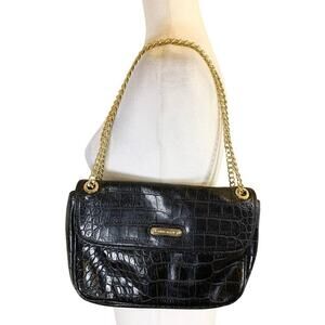 Anne Klein Black Faux Crocodile Skin Purse with Gold Chain Strap